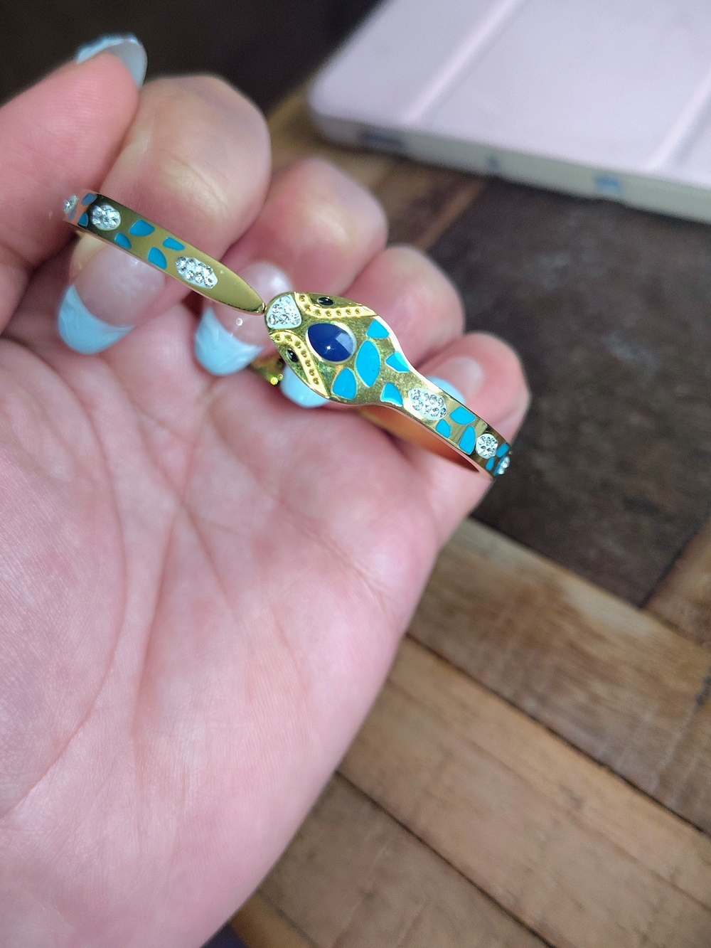 Stainless Steel Gold-Tone Blue Enamel Snake Bangle Bracelet